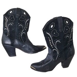 DINGO Women's Ava Black Leather Western Cowgirl Boots with Heel Riveted Shorties